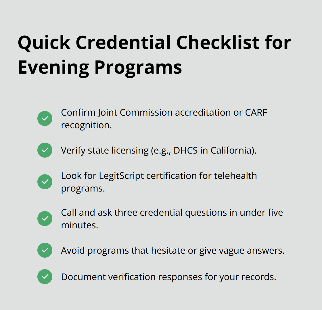 Checklist of essential credentials to verify before enrolling in an evening SUD program in the United States. - affordable evening SUD care