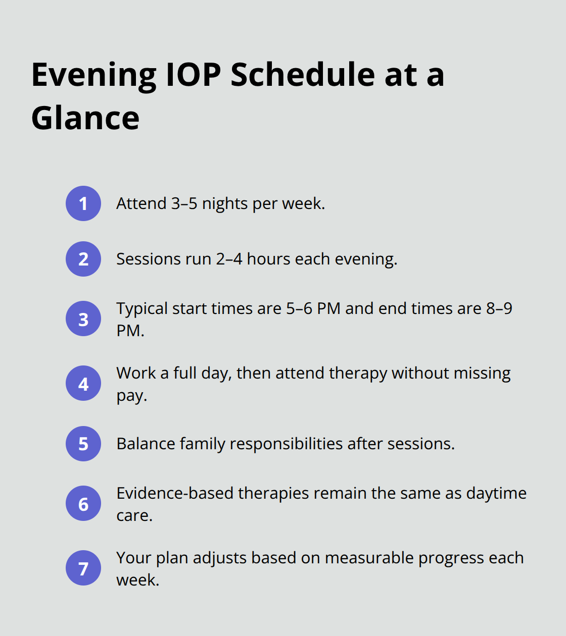 Compact list showing typical evening IOP schedule and structure