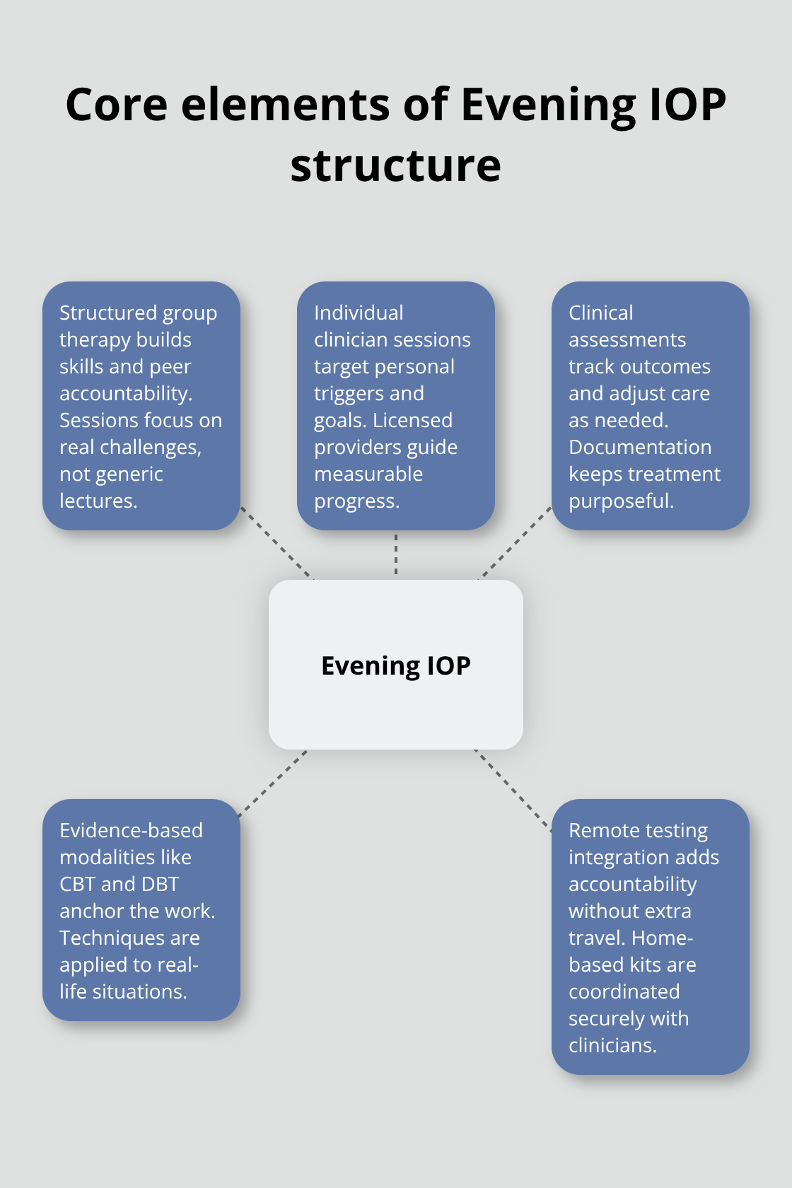 Hub-and-spoke diagram visualizing key components of evening IOP - evening alcohol rehab online