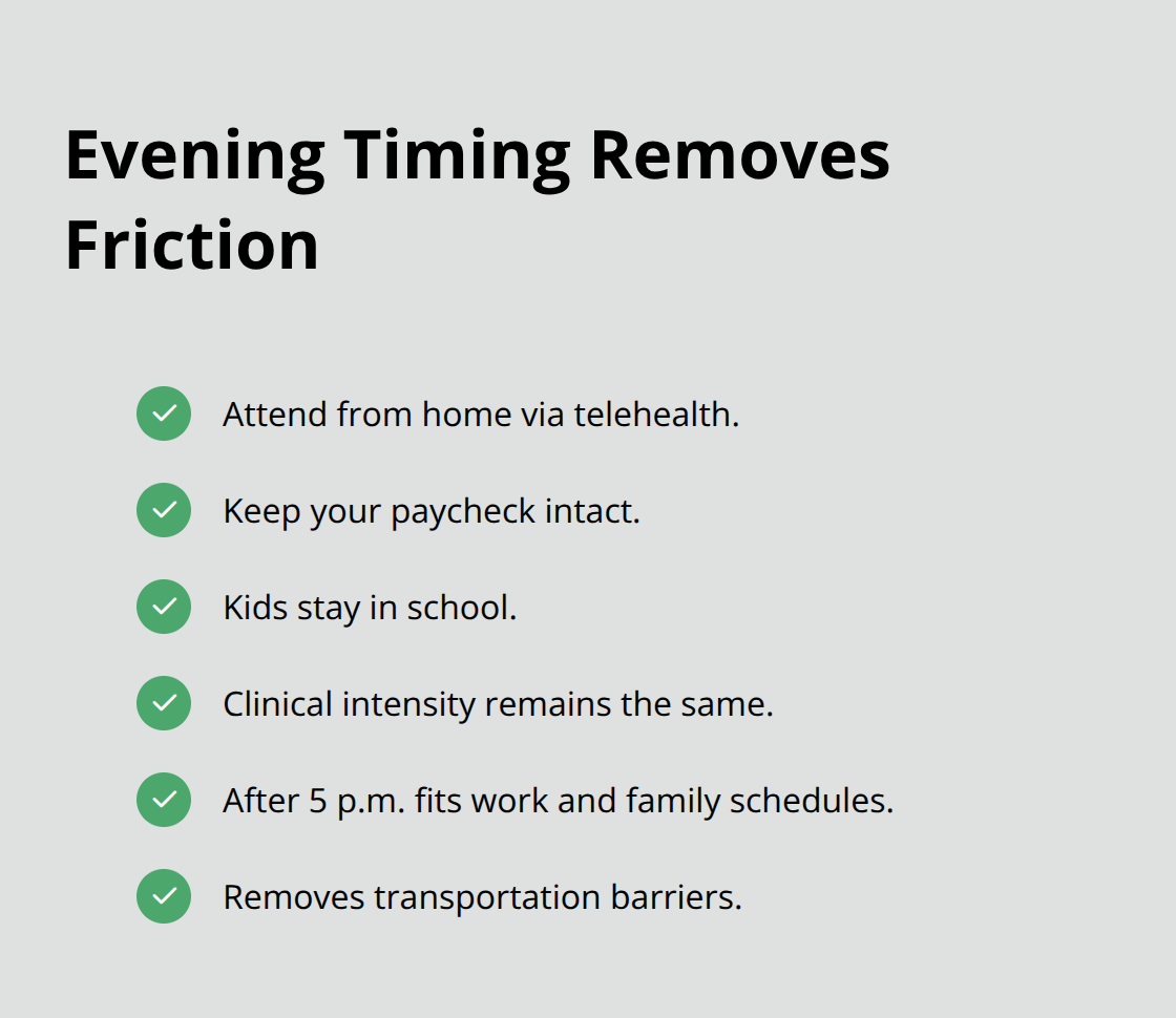 Practical benefits of evening telehealth treatment that make attendance realistic for U.S. working families. - evening IOP accessibility