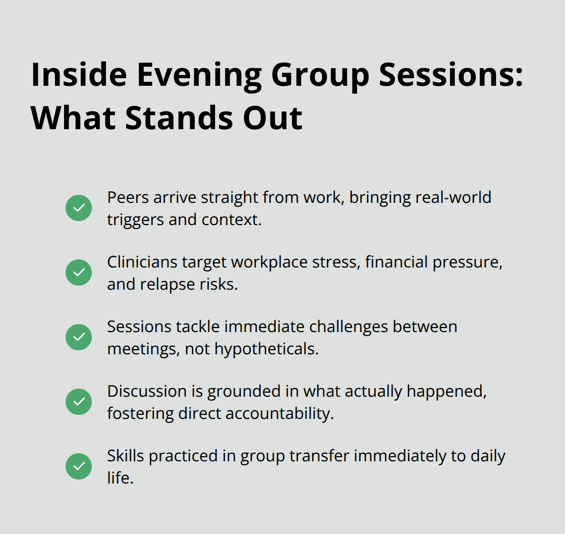 Checklist of distinctive elements found in evening group therapy for working professionals.