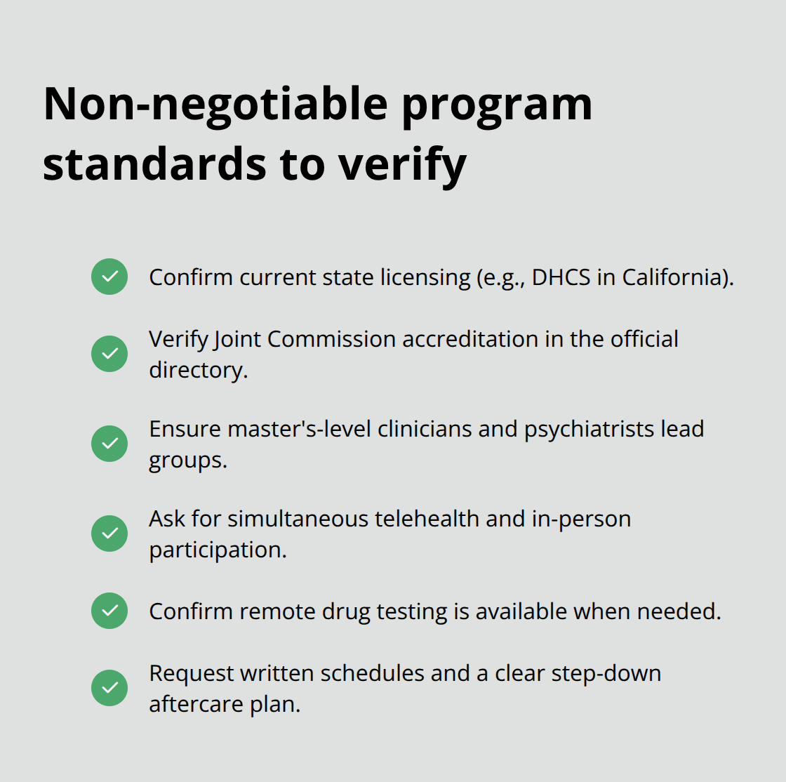 Checklist of standards for evaluating an evening IOP in the United States.