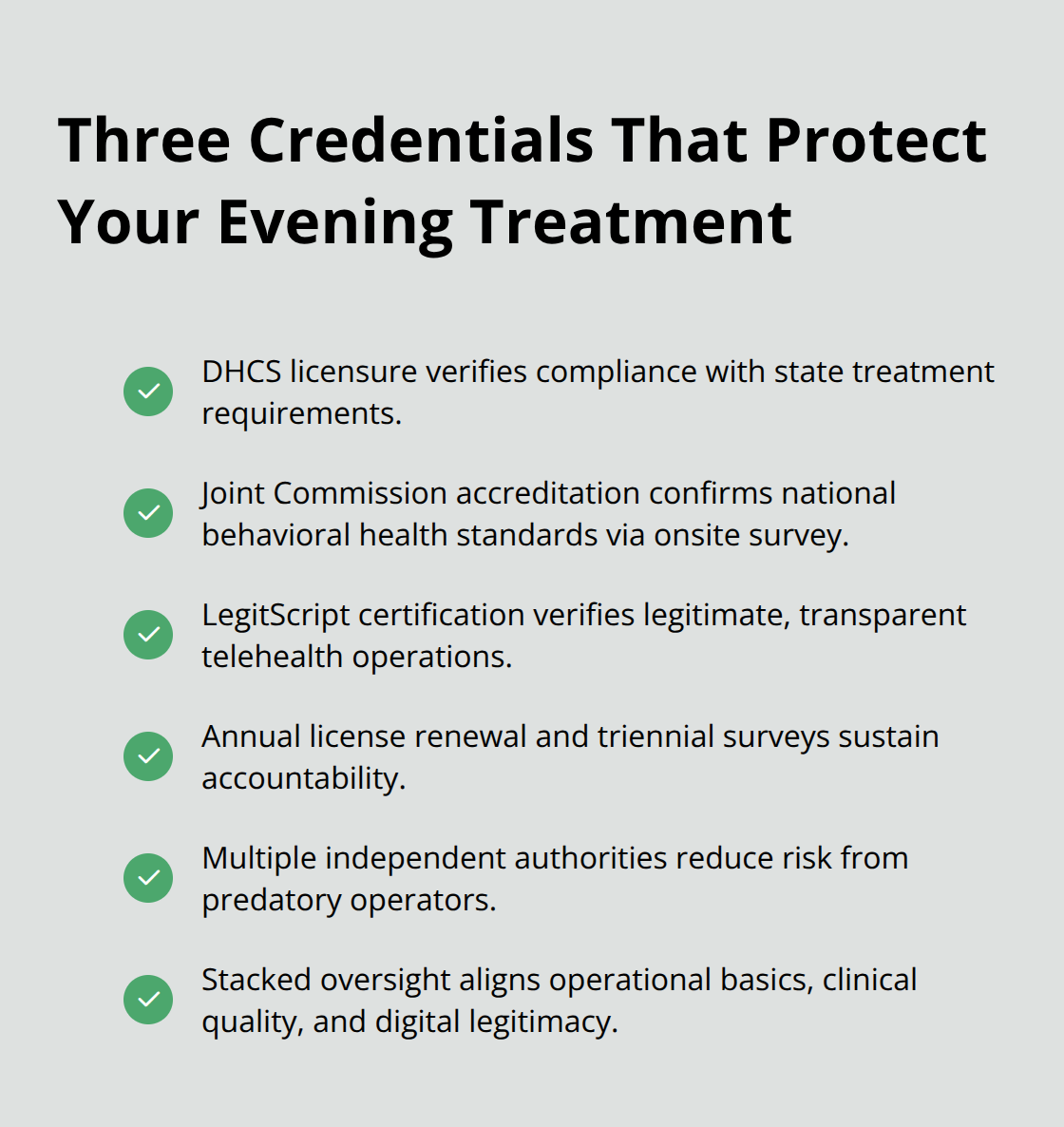 Joint Commission IOP Evening: What It Means for Your Care Checklist of DHCS licensure, Joint Commission accreditation, and LegitScript certification benefits - Joint Commission IOP evening