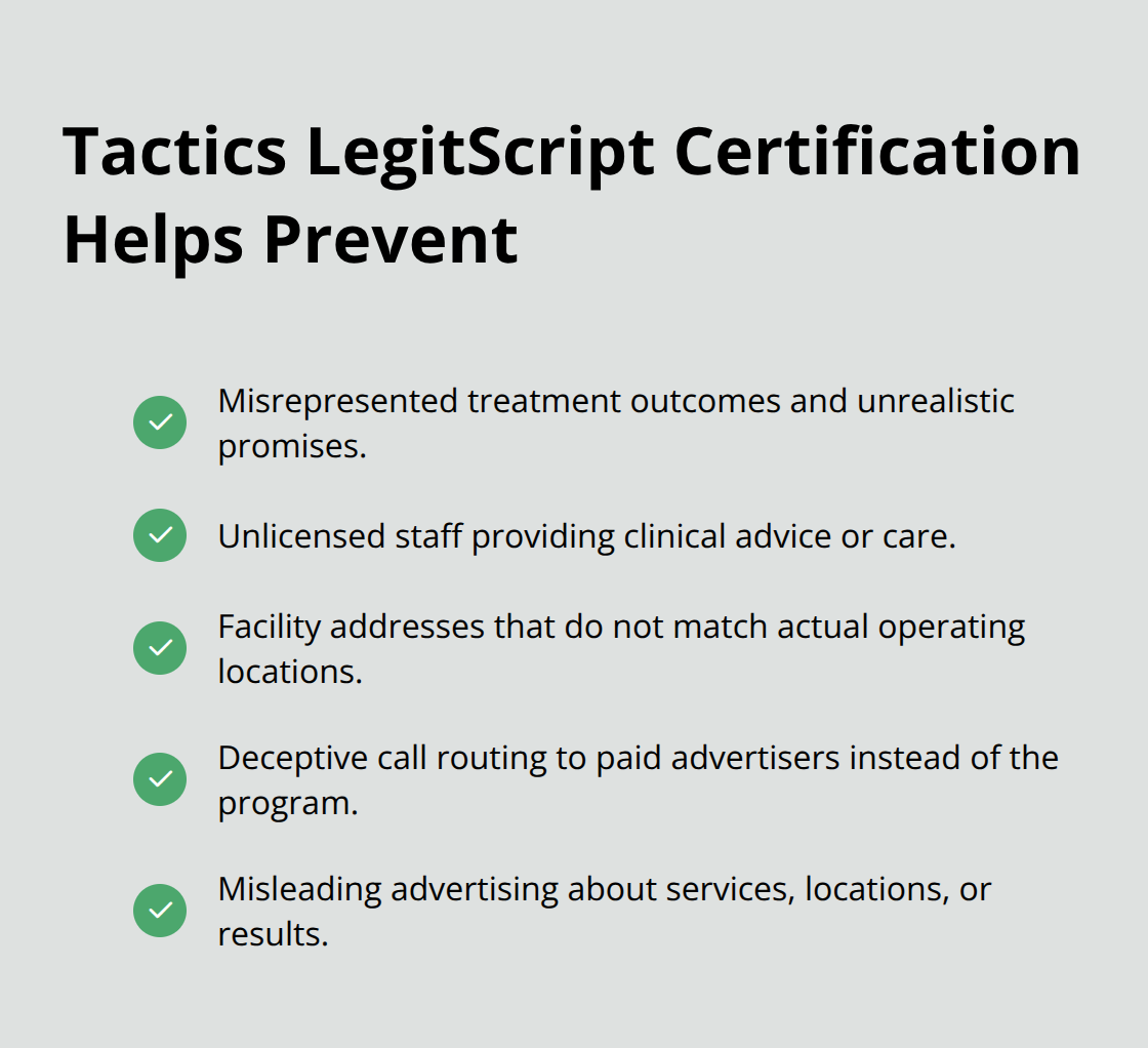 Common deceptive tactics that certification reduces in addiction treatment programs