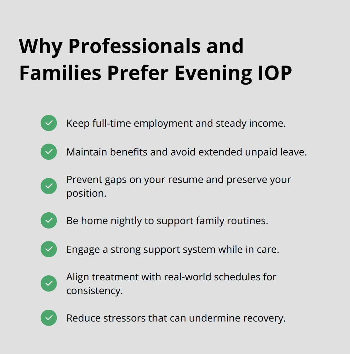 Key benefits that protect work, income, and home life - licensed evening IOP program