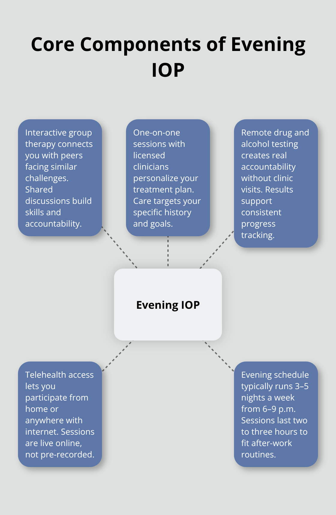 Visual hub of Evening IOP with group therapy, individual sessions, remote testing, telehealth access, and evening schedule. - Nighttime therapy programs