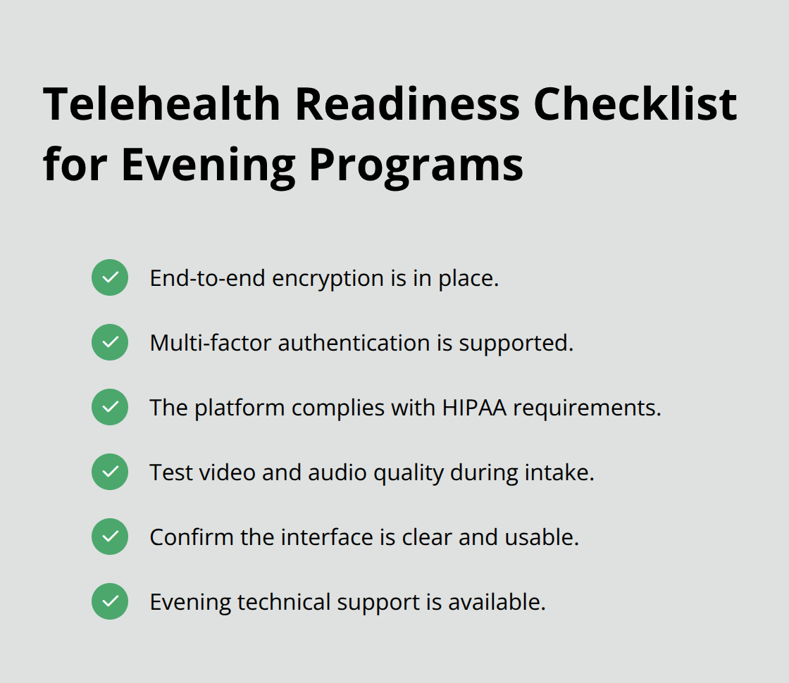 Checklist of telehealth and support standards to verify before starting an evening IOP. - Nighttime therapy programs