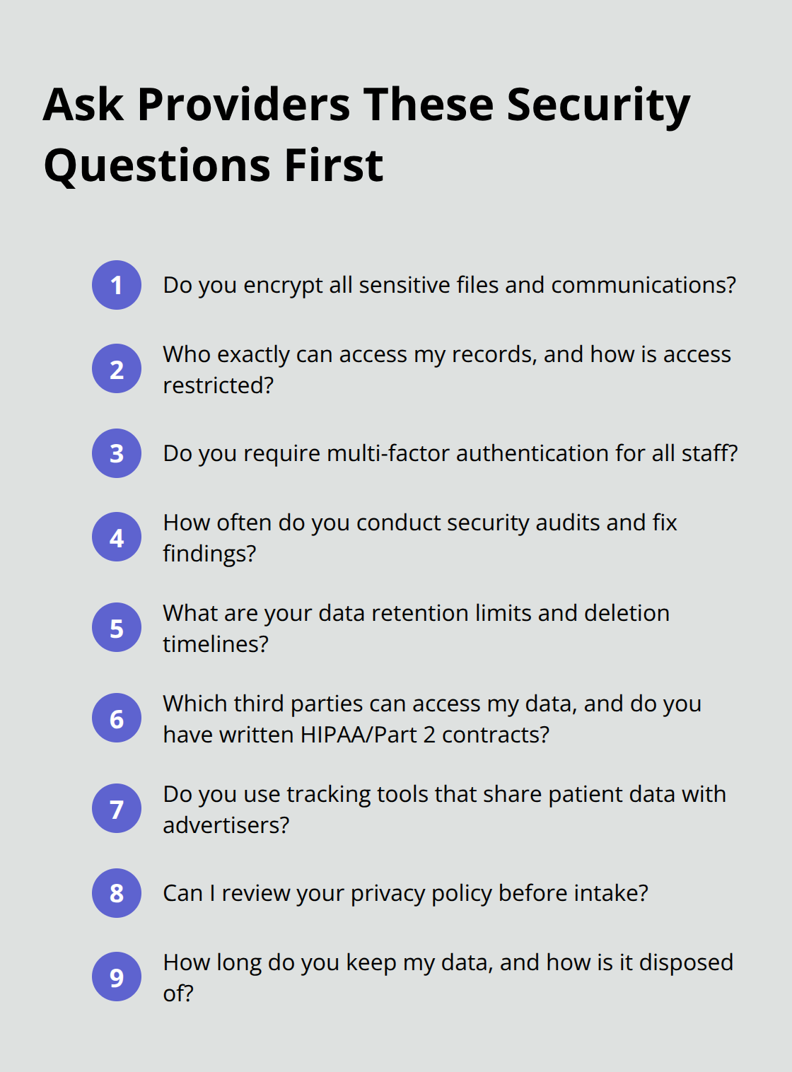 Compact checklist of key privacy and security questions for U.S. treatment programs - privacy focused addiction treatment