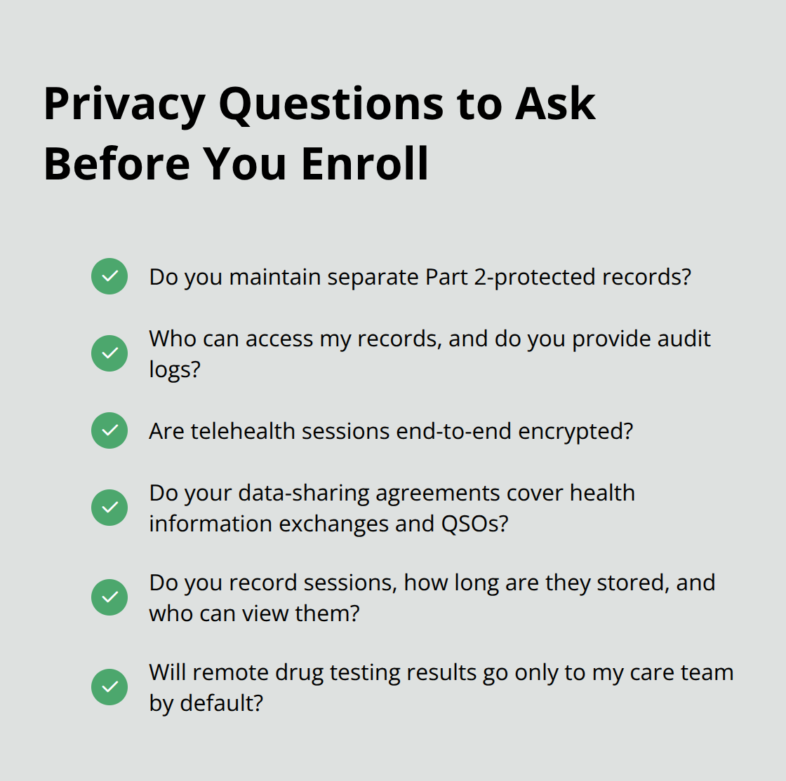 Checklist of key privacy questions to ask an SUD treatment provider in the United States.