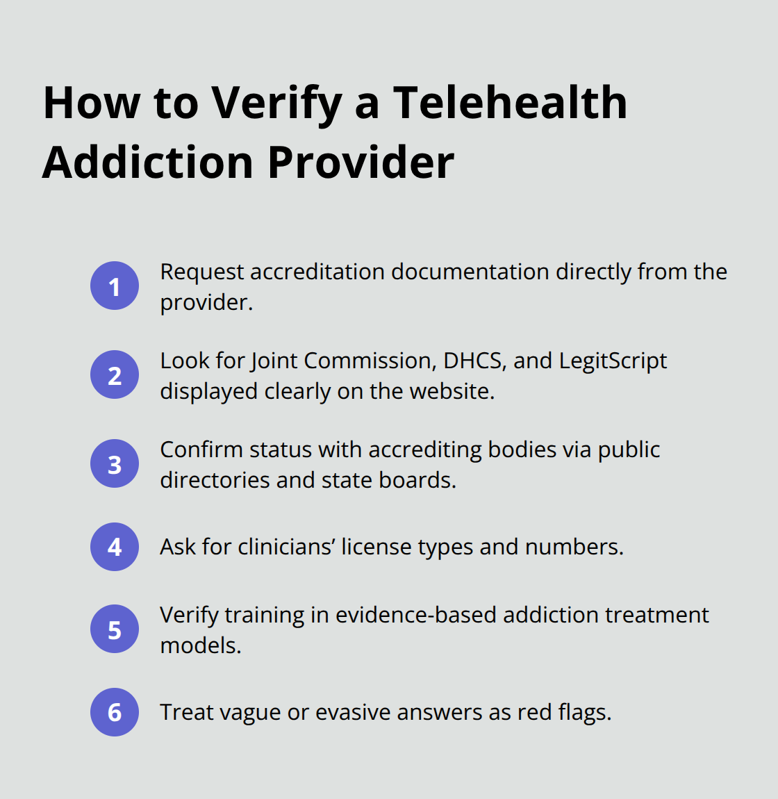 Compact checklist of steps to verify telehealth addiction provider credentials. - private telehealth addiction treatment